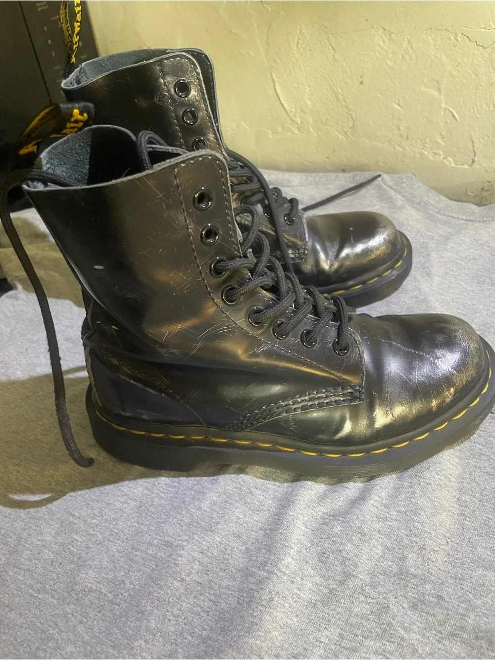 Dr. Martens Black Leather Lace-Up Boots with Yellow Stitching